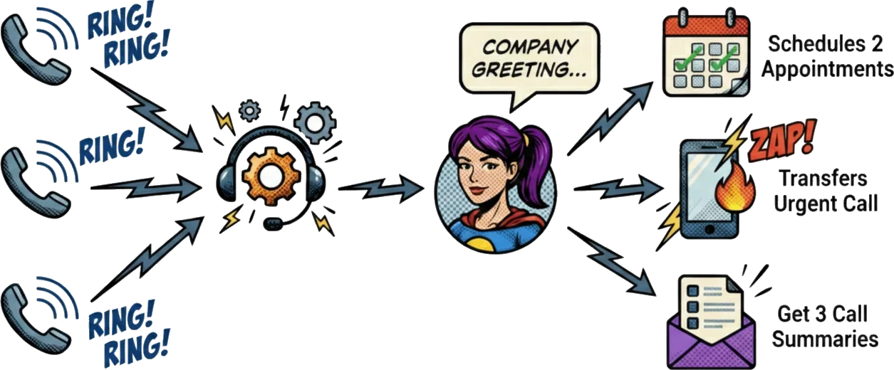 Three calls come in at once — Olivia handles all three