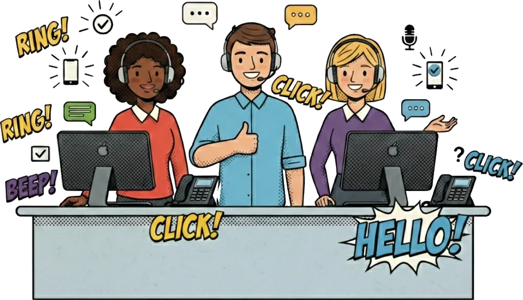 Three receptionists answering calls behind a desk